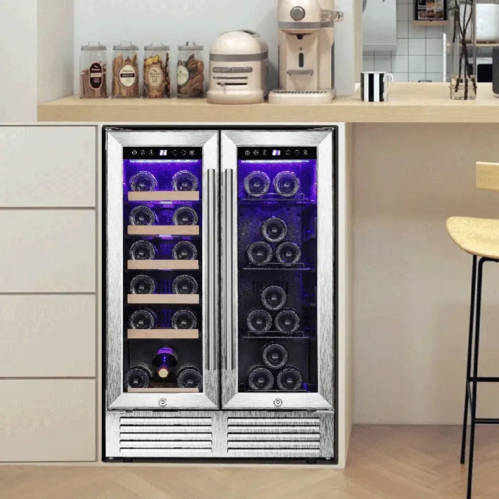

AGLUCKY 24 Inch Beverage Refrigerator Dual Zone Built-in Wine Cellar Under Counter Mini Fridge Clear Glass Door Digital Memory