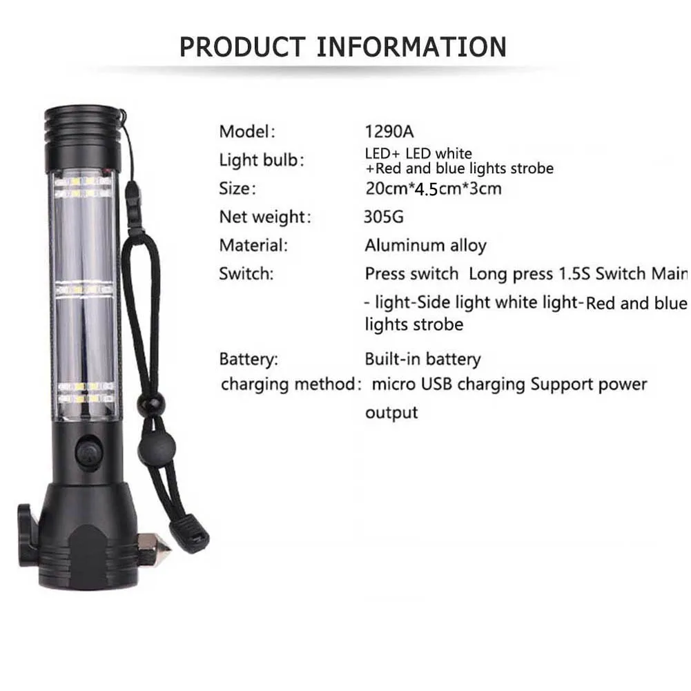 Multi-Functional Solar Power LED Flashligh Safety Hammer Torch Light With Power Bank Magnet Survival Tool Emergency Camping