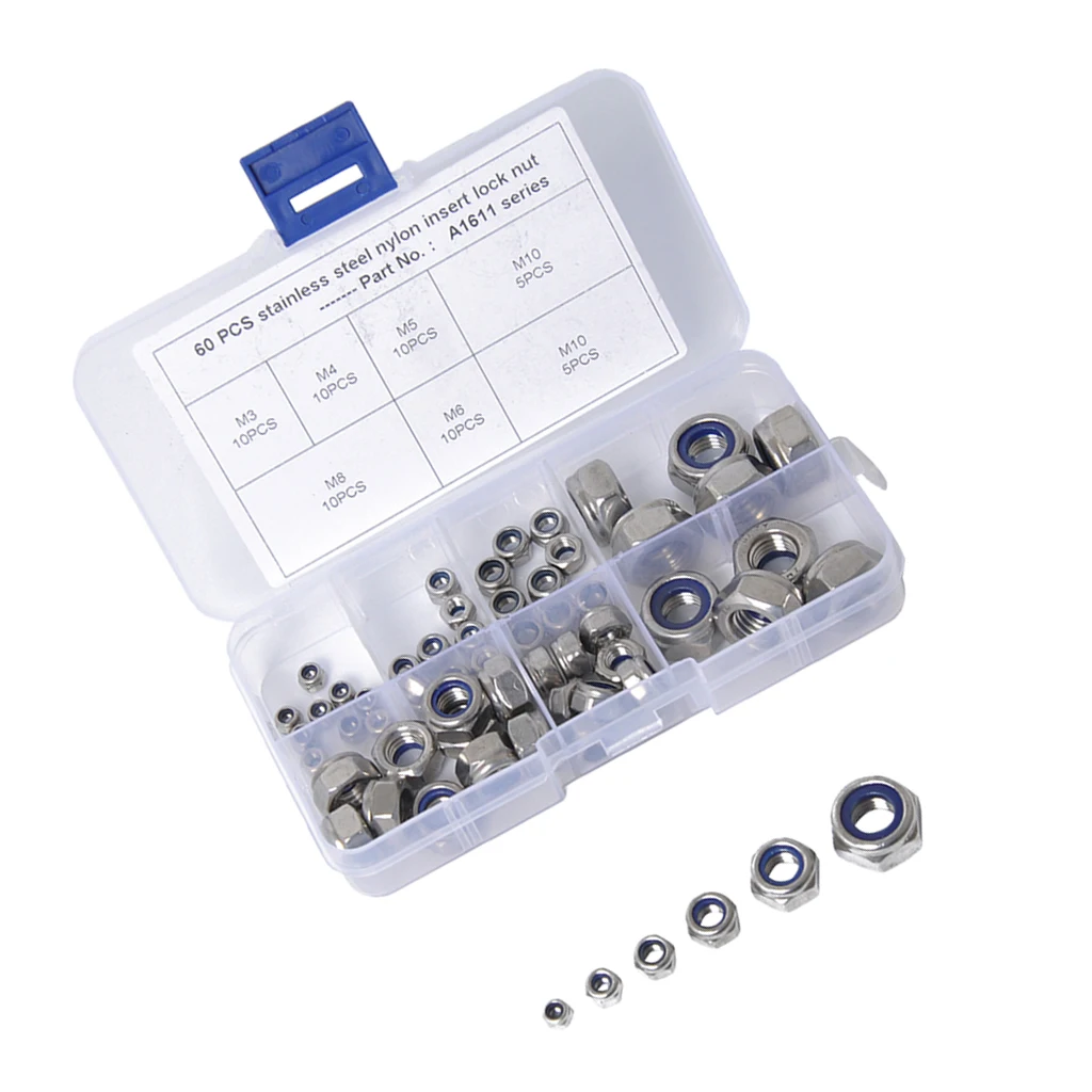 Nylon Insert Hex Lock Nuts, 304 Stainless Steel Lock Nut Assortment for Hardware Accessories Finish Hex 60PCS