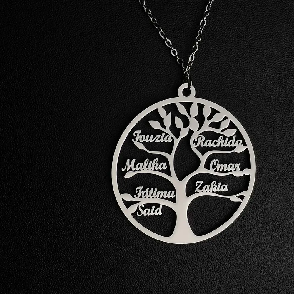 Collar personalizado de acero inoxidable, colgante de árbol de la vida, placa de identificación familiar, joyería, 1-9 nombres