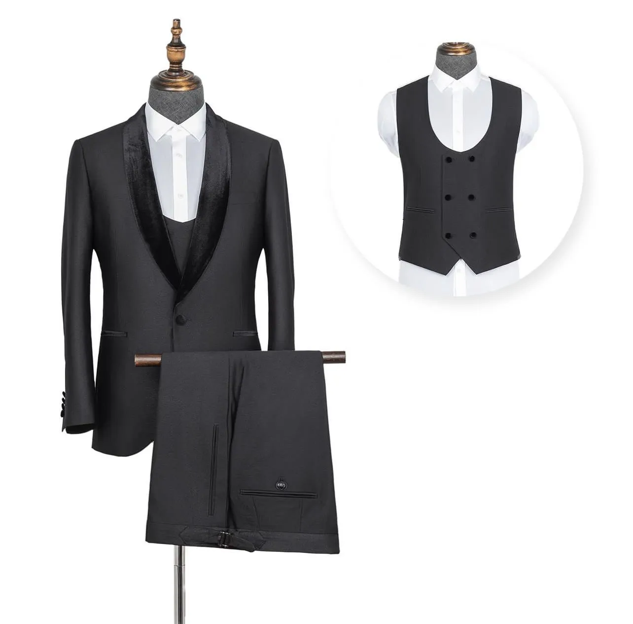 

Black Formal Mens Suits 3 Piece Slim Fit Velvet Lapel Blazer with Vest And Pants Big And Tall Grooms Sets for Wedding Dress Suit