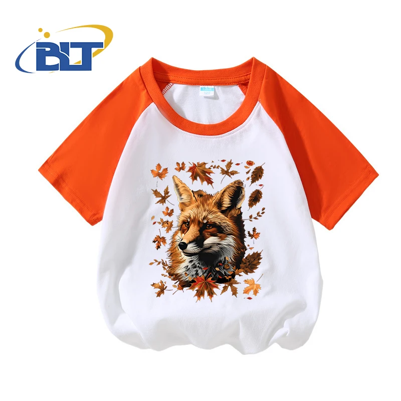 

Maple leaf fox print kids T-shirt summer pure cotton contrasting short-sleeved casual tops for boys and girls