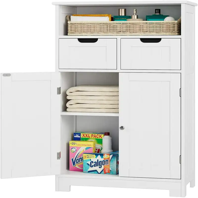 

Floor Storage Cabinet, Wood Linen Cabinet with Doors and Drawers and Adjustable Shelf, Kitchen Cupboard, Free Standing Organizer