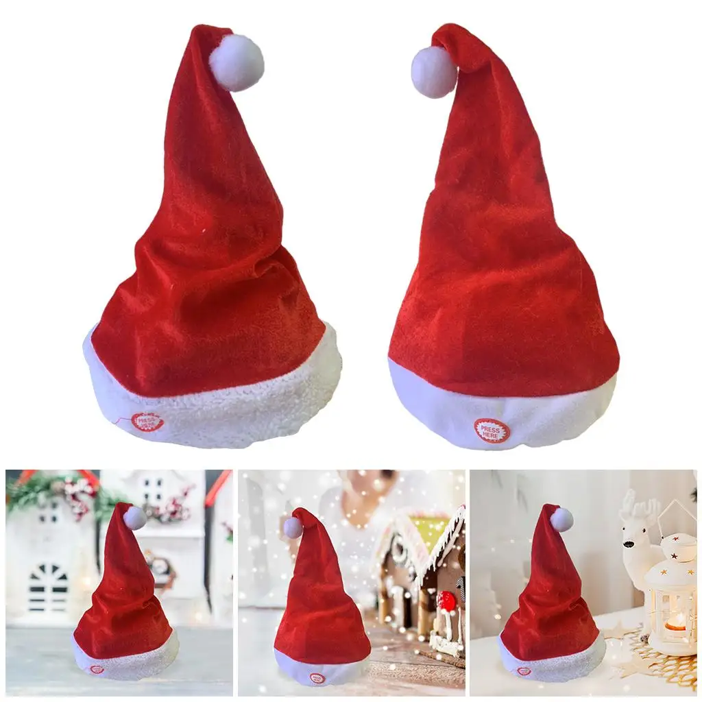 Singing Dancing Santa Hats Decoration Music Swing Red White Plush Xmas Holiday Hat for Adults