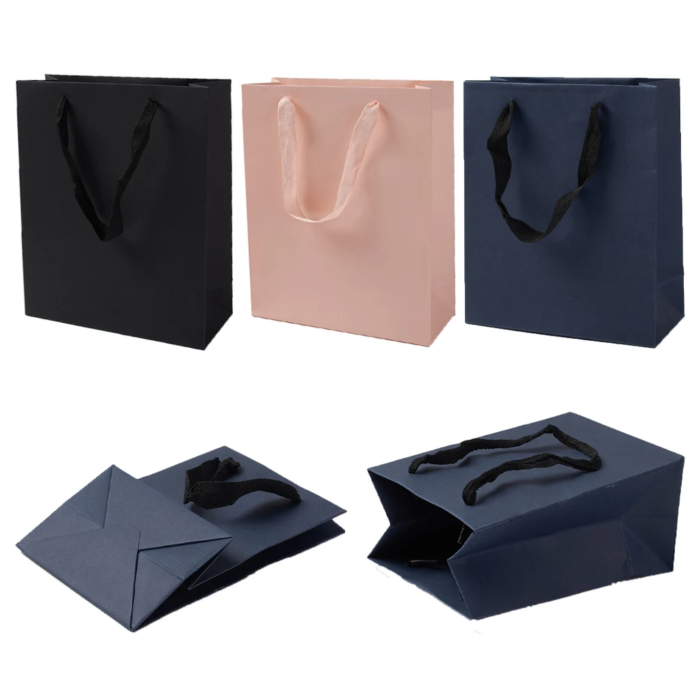 12/20pcs Rectangle Kraft Paper Bags Multifunction Shopping Bags Valentine's Day Present Bag Wrapping Pouches with Ribbon Handles