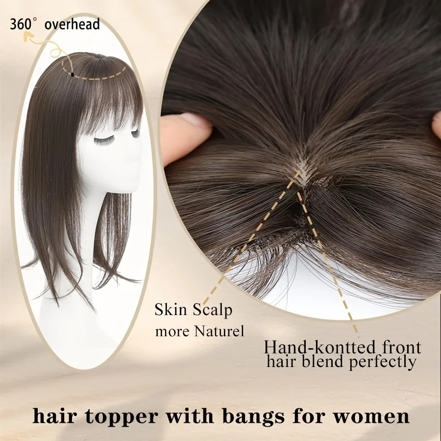 Parrucca sintetica da donna da 18 pollici con frangia, capelli lisci, effetto naturale, per capelli diradati - immagine 4