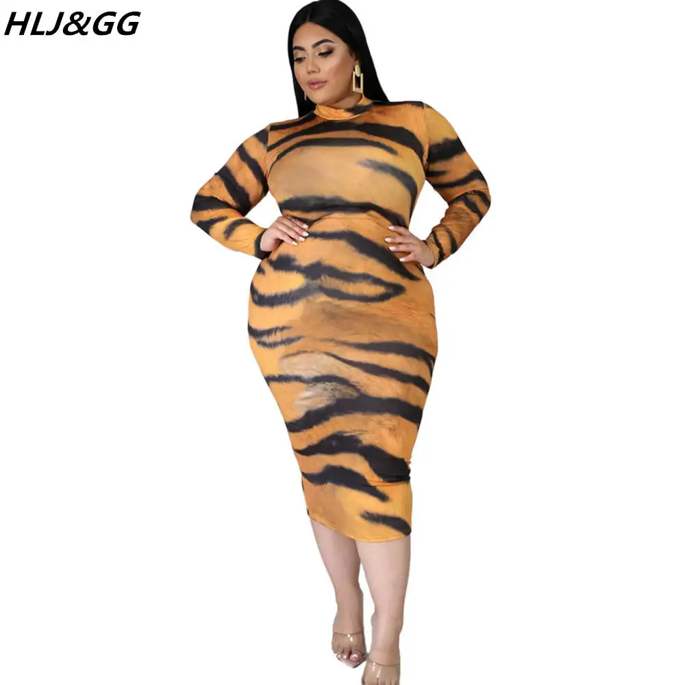 

HLJ&GG Plus Size Women Clothing 2XL-6XL Casual Round Neck Long Sleeve Bodycon Mid Dresses Fall Leopard Print Print Vestidos 2022