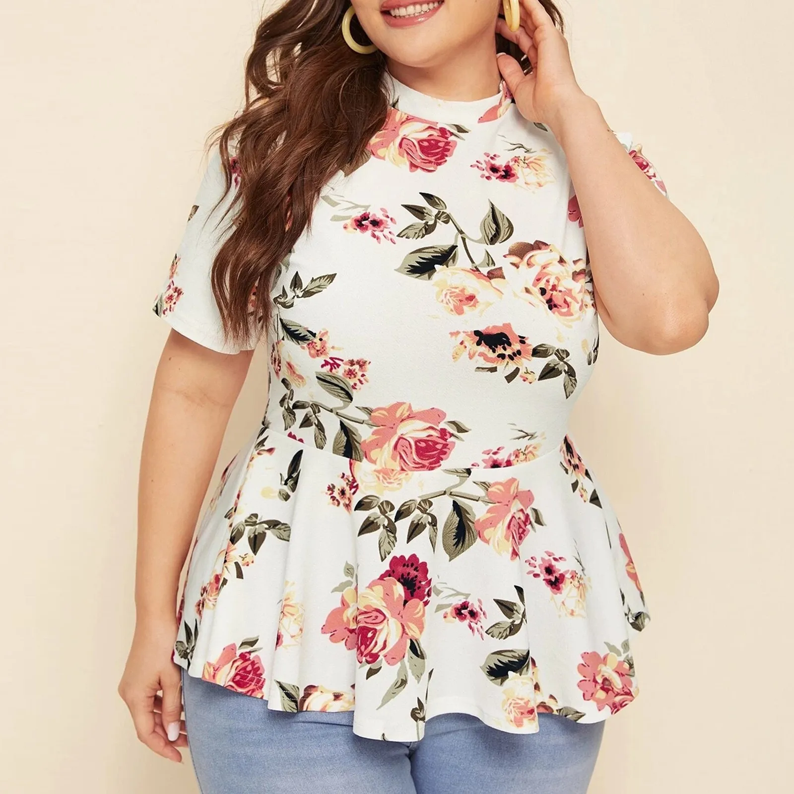 Tops estampados florais com decote simulado feminino, plus size, peplum  casual boho, blusa justa, tops femininos de manga curta, primavera, verão,  2022 - AliExpress