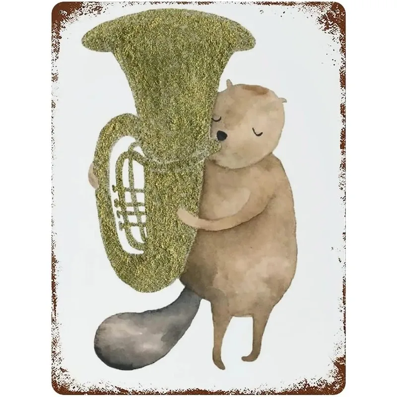 Beaver Playing Tuba Animal Archery Woodland Animals Kids Rooms Tin Sign Vintage Metal Tin Sign For Men Women Decor