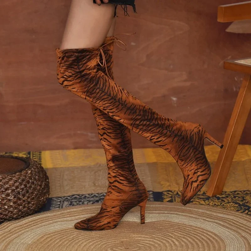 Sexy Fashion Boots Woman New Pointed Thin High Heel Over Knee Boots Women Shoes Plus Size Leopard Print Elastic
