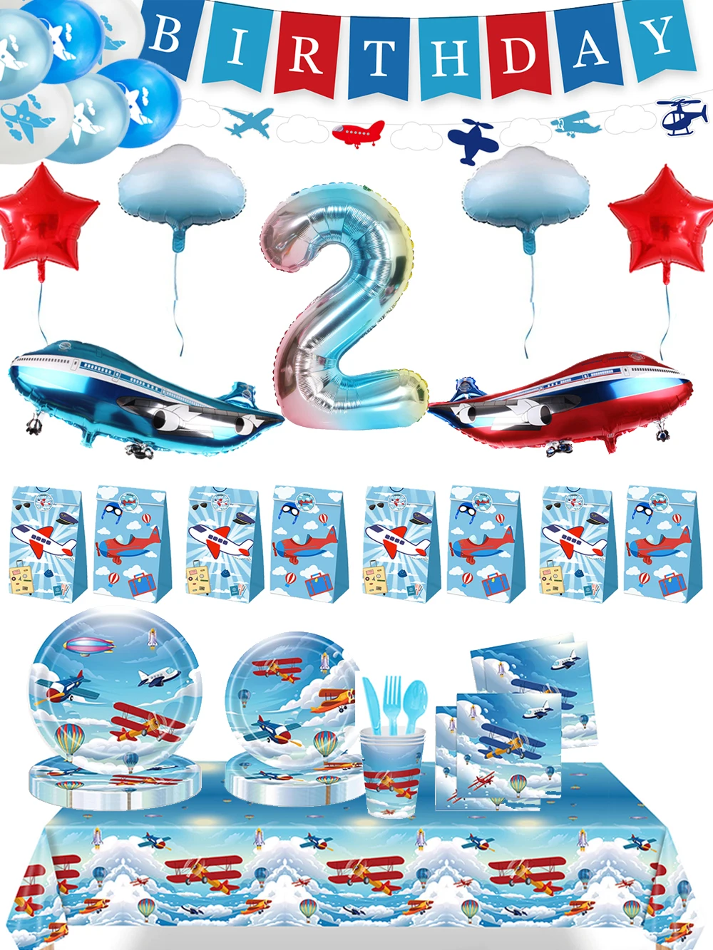 Flugzeug-Party-Dekoration, Teller, Tassen, blauer Himmel, weißes Geschirr-Set, Luftballons für Jungen, Kinder, Flieger, Flug, Geburtstag, Partyzubehör – Detail 1