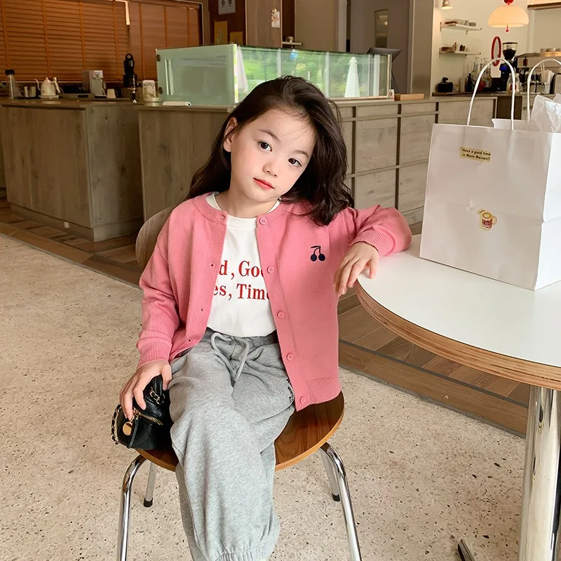 

Children Clothing Thin Coat 2023 Spring Autumn New Casual Sweater Coat Girls Korean Style Cherry Sweet Knit Cardigan for Girls
