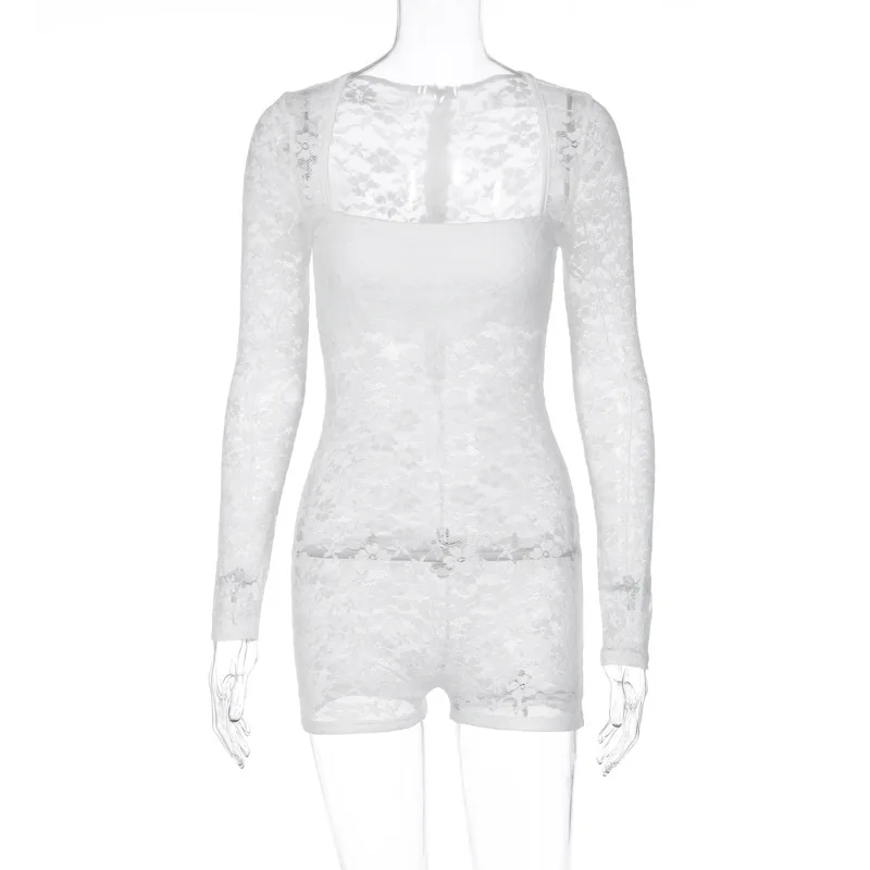 BKLD Streetwear New Summer Women Clothing Sexy White Lace See-Through Long Sleeve Slim Fit Shorts Solid Color Romper For Women