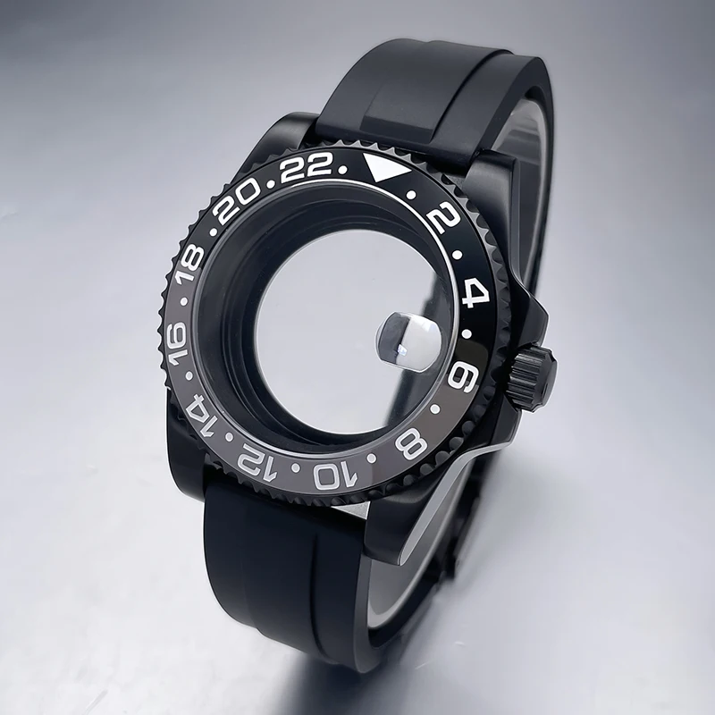 All-Black Sub Style Watch Case with Rubber Strap and Sapphire Crystal