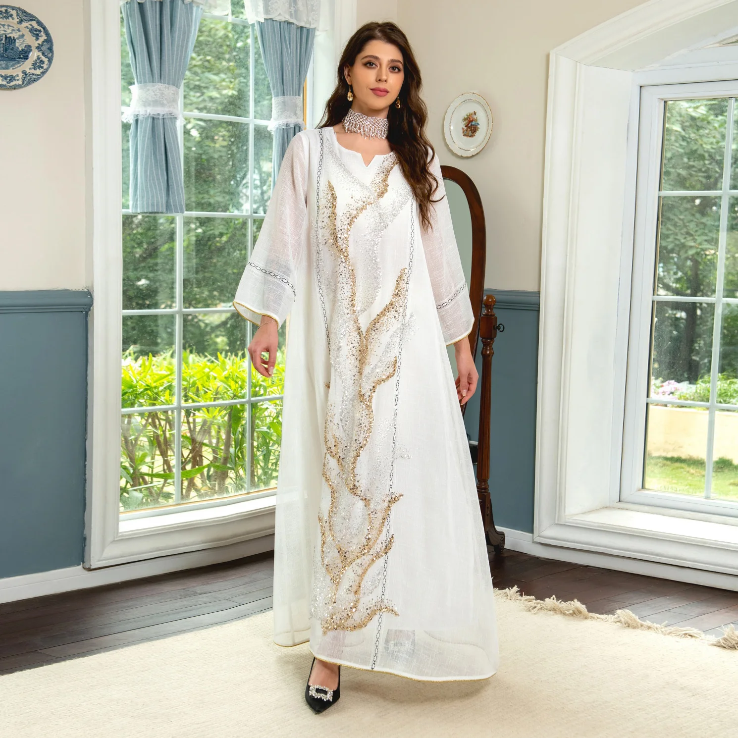 Abaya for Women Morocco Arab Dubai Muslim Women's Long Sleeve Spliced Beaded Embroidered Loose fitting Dress Clothing