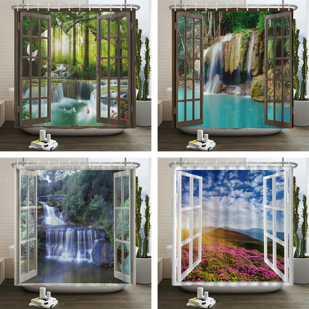 

Forest Scenery outside the window Shower Curtain Print Nordic Natural landscape Polyster Home Decor Bathroom Curtain with Hooks