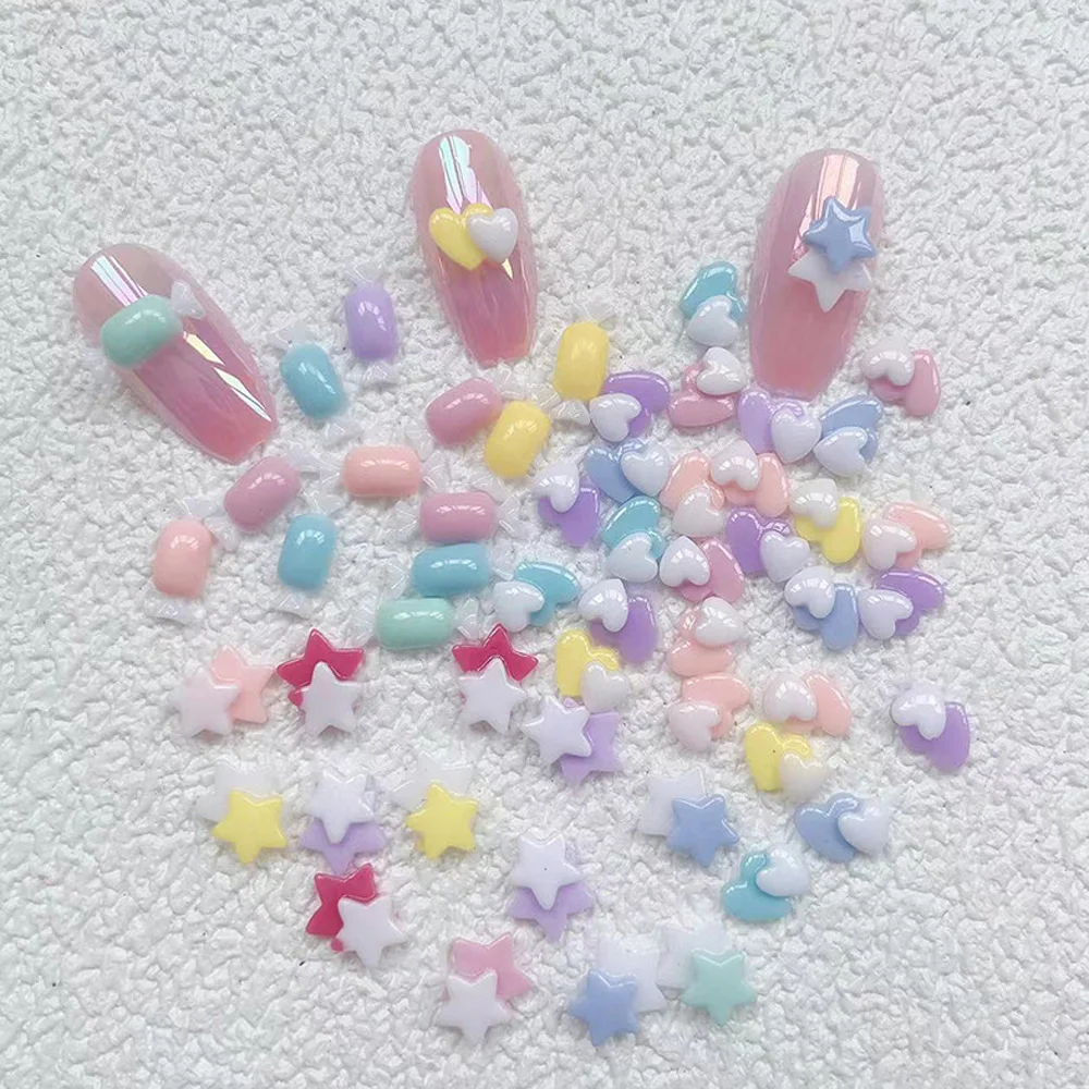 

50pcs Double-Layered Heart Resin Nail Art Charm Mixed-Colors Overlap Hearts/Star Nail Rhinestones DIY Kawaii Nail Accessories