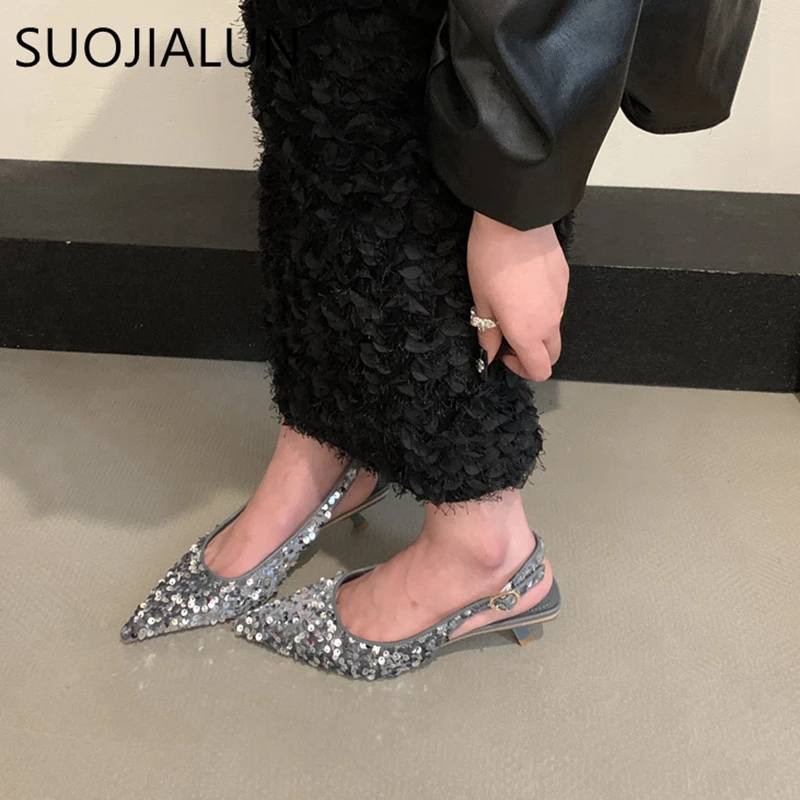 Women Sandal Fashion Pointed Toe Shallow Slip On Elegant Slingback Shoes Med Heel Pumps Shoes women sandals,women high heels