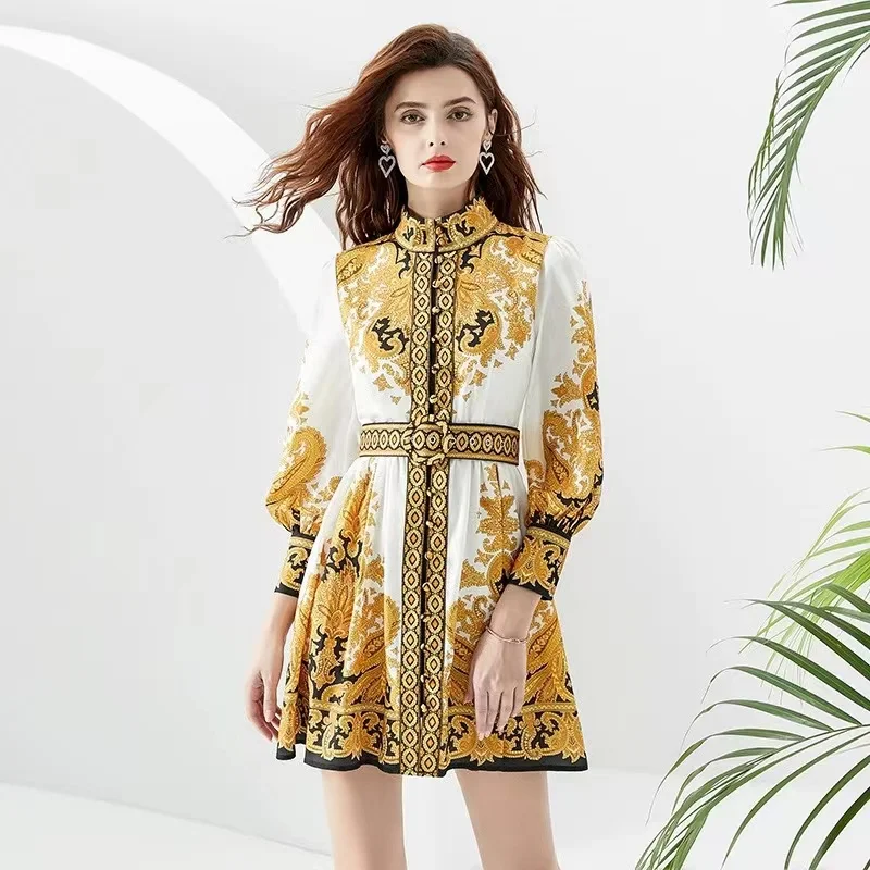 

Western style dresses retro palace high-end printed long-sleeved waist slimming single-breasted lady dress for women