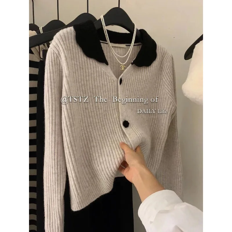 

Cashmere Lapel Sweater Jacket for Women's Spring New Lazy Style Design Sense Top Pit Stripe Doll Neck Knitted Cardigan