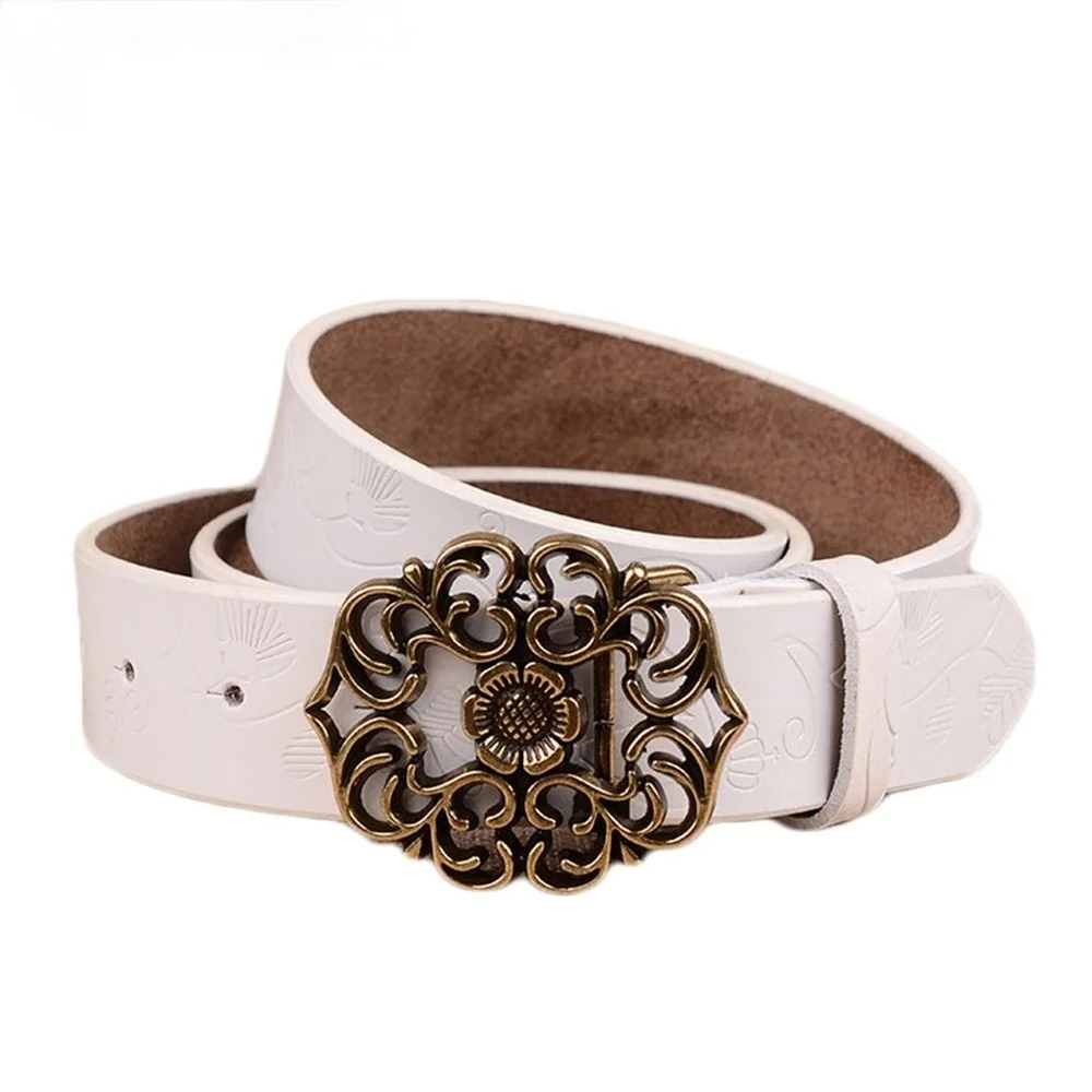 White Belt for Women Coffee Real Leather Belt Female Vintage Ethnic Genuine Leather Cowhide Ladies Jeans Belts