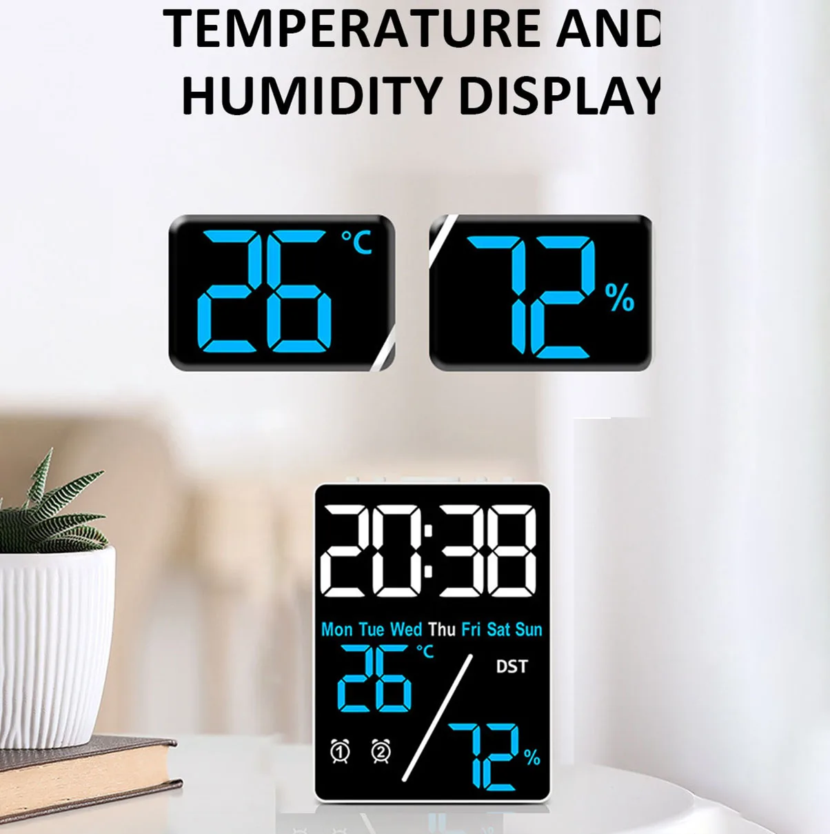 Digital Alarm Clock Multifunctional Large Screen Humidity Display Brightness Adjustment Charging Desktop Clock Home Office Decor