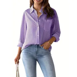 Vintage - Inspired Classic Blue Striped Long Sleeve Shirt - XXL (PURPLE)