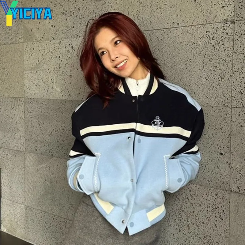 

YICIYA short blue baseball jacket bomber women Racing winter college coats Varsity Female American fashion new Jackets 2024 tops