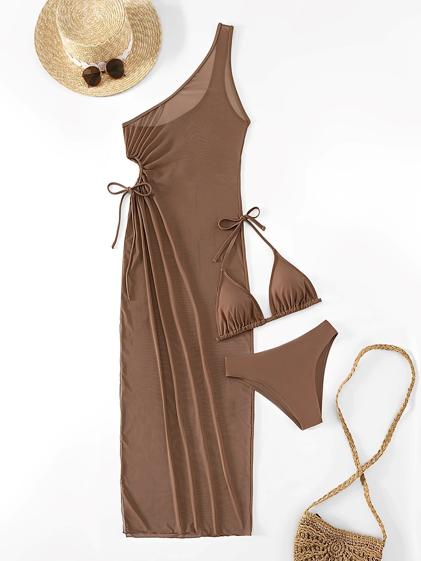 3 Pieces Bikini 2023 Women & Drawstring Cutout Side Cover Up Dress Triangle Swimsuit Sexy Swimwear Female Swimming Swim Suit