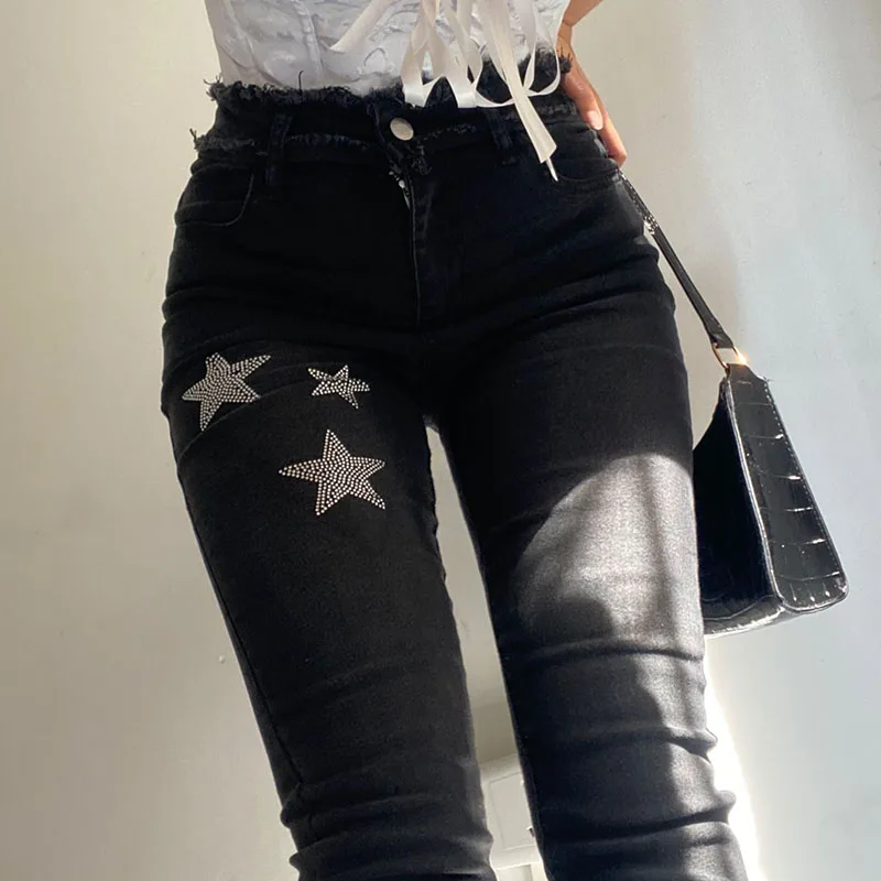 

Rhinestone Star Pattern Black Jeans Tassel Trim Mall Goth Grunge Trousers Korean Fashion Chic Women Retro Straight Pants Y2K