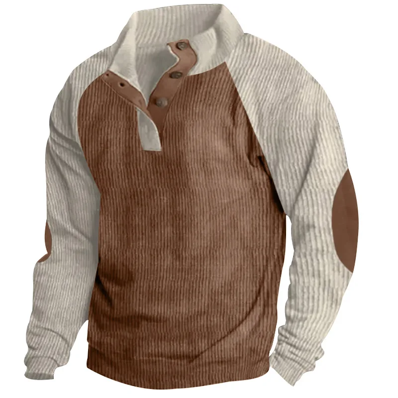 Corduroy Long Sleeve Button Stand Collar Sweatshirt Coat for Men