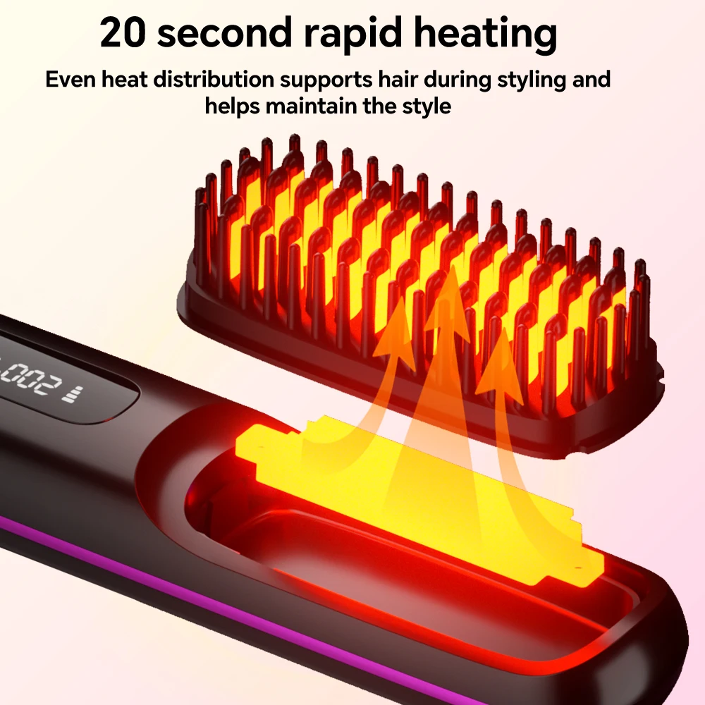 Rechargeable Hair Straightener Brush, Ionic Straightening Comb - 20s Fast Heating, 3 Temp Settings & LED Display for Home Salon