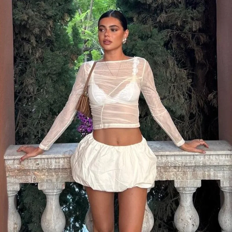 Summer See-Through Mesh T-shirt Top Women Pleated Patchwork See-Through Slim Cropped Top Tee Female Solid T-shirt Pullover
