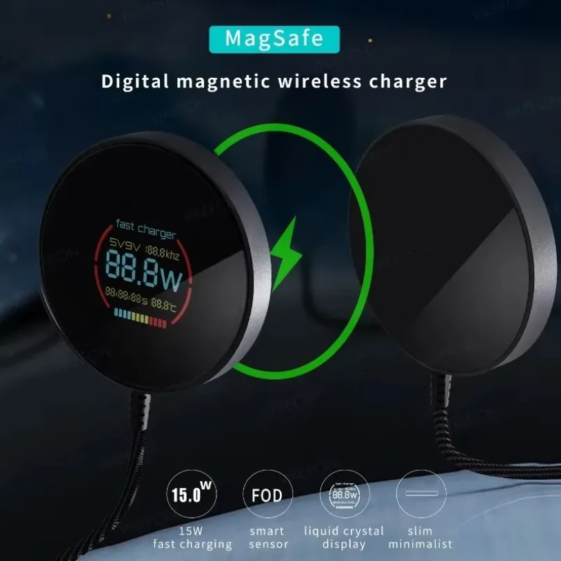 VIKEFON Phone Magnetic Wireless Charger Power&Temperature Display Smart Chargers For Magsafe iPhone 16-12 Pro Max Fast Charging