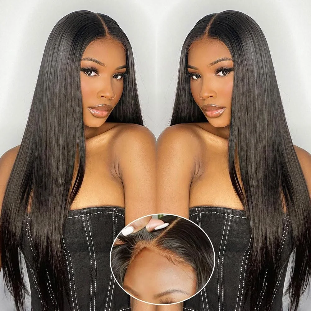 Silky Straight Lace Front Wigs Human Hair 200% Density 26 Inch Human Hair Wig for Women Natural Black HD Transparent Lace 2