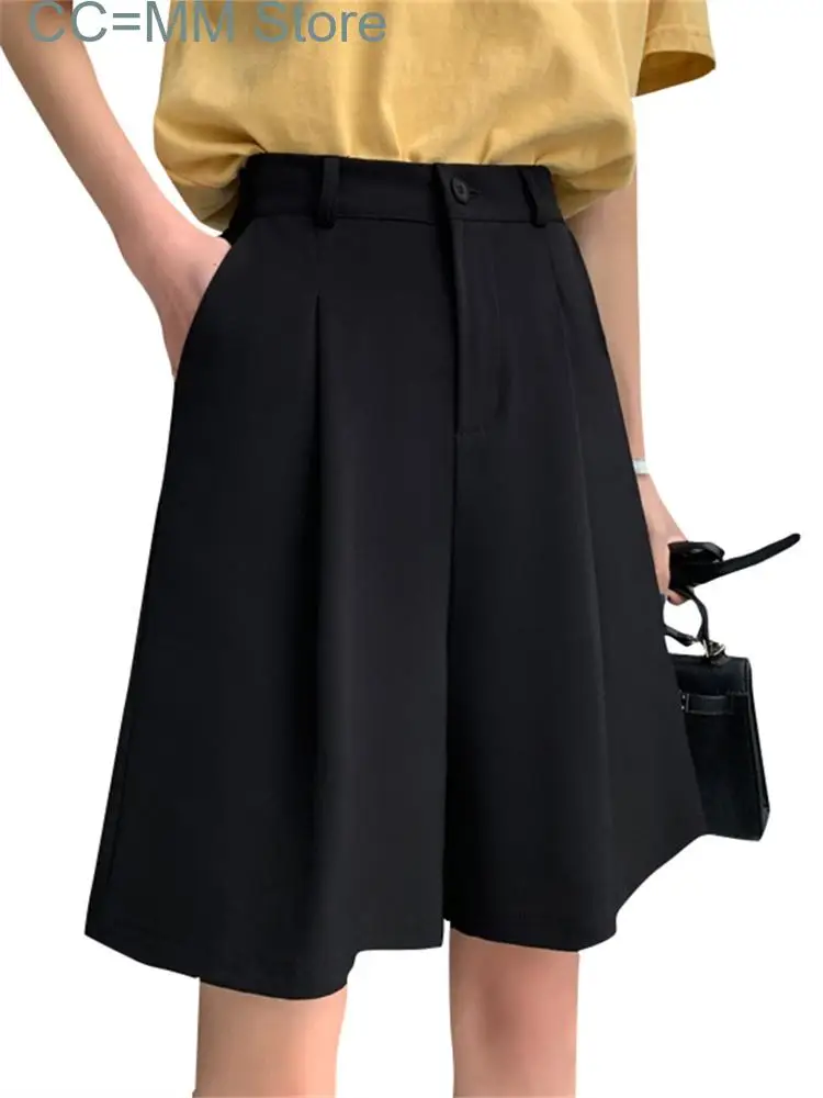 New Suits Shorts for High Waisted Office Ladies Wide Leg Shorts Korean Fashion Casual Knee Length Black Shorts