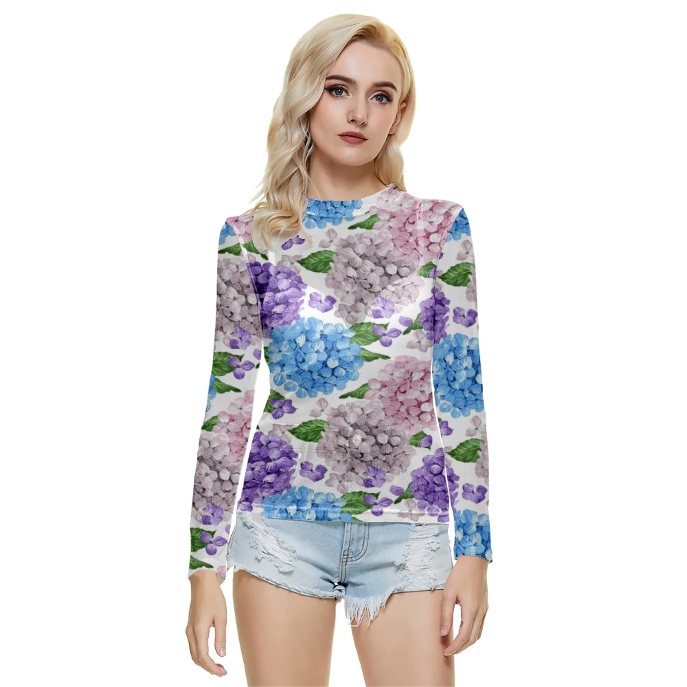 

Women Fashion Sexy Net Gauze Perspective Long-sleeved Petal Printing O-neck T-shirt Summer Casual Long sleeved