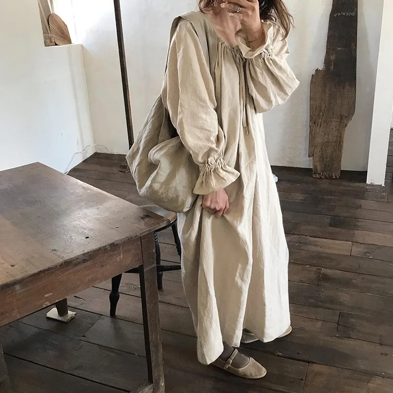 2025 New Spring Vintage Cotton Linen Dress for Women Solid Long Sleeve  Drawstring Linen One-Piece Dress Maxi Dress - AliExpress
