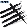 10PCS Stainless Steel Eyebrow Tweezers Straight Curved Eyelash Extension Tweezer Black Color Nail Art Decor Makeup Tools Pick 1