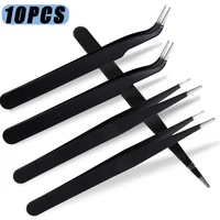 10PCS Stainless Steel Eyebrow Tweezers Straight Curved Eyelash Extension Tweezer Black Color Nail Art Decor Makeup Tools Pick 1