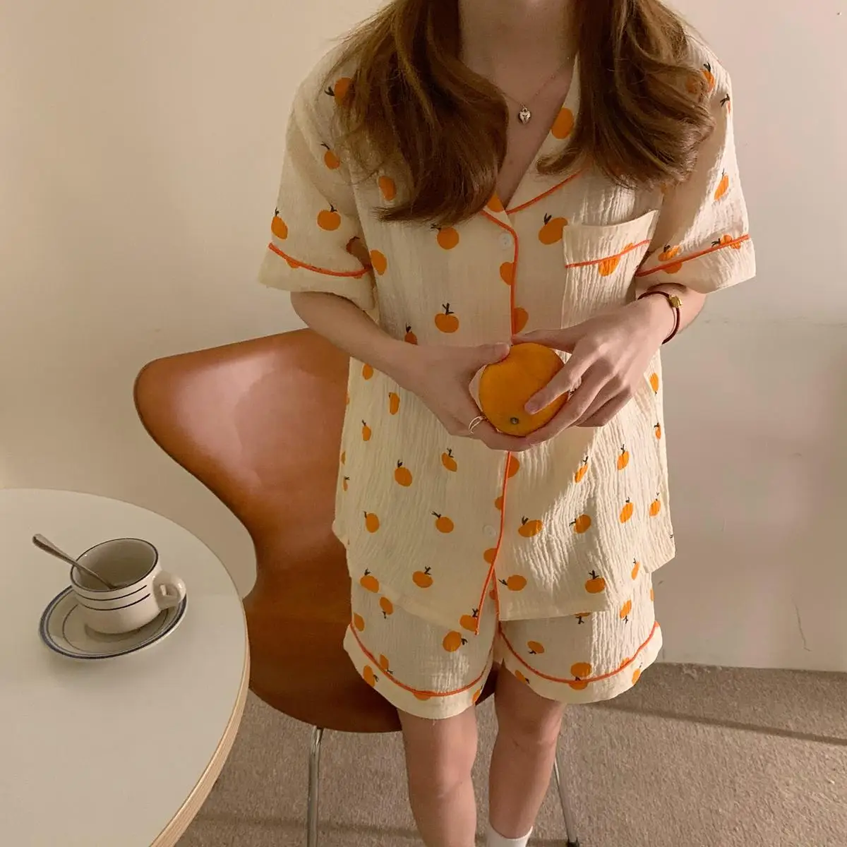Korean Orange Print Pajamas Set Women Single Breasted Shirts + Shorts Suit Cotton Sleepwear Pocket Vintage Homewear Soft