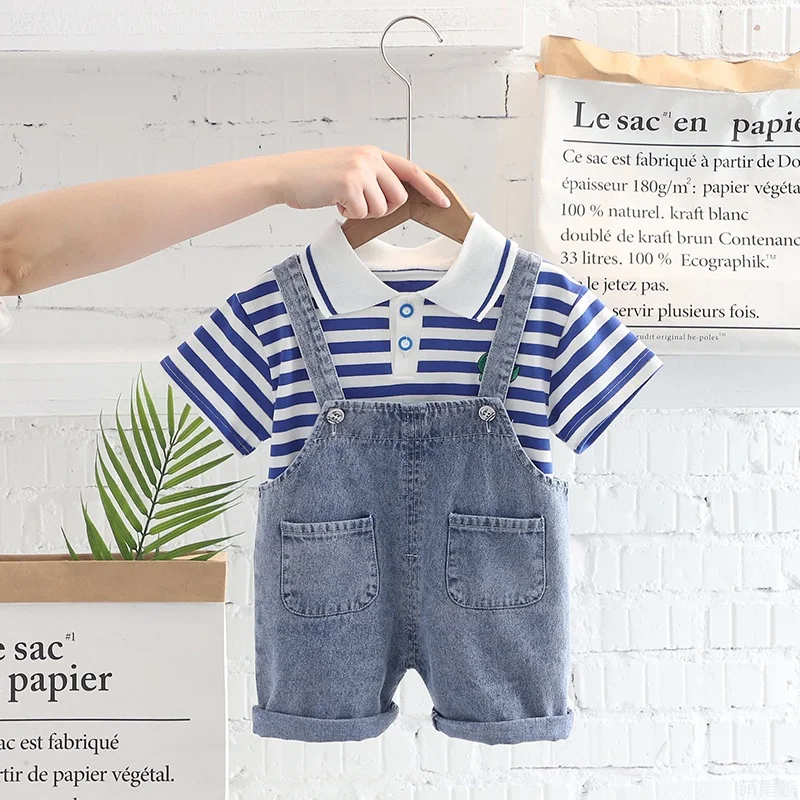 

BibiCola Children's clothing summer new boy baby suspenders two-piece jeans cute fashion children's suit 1-5 years old.