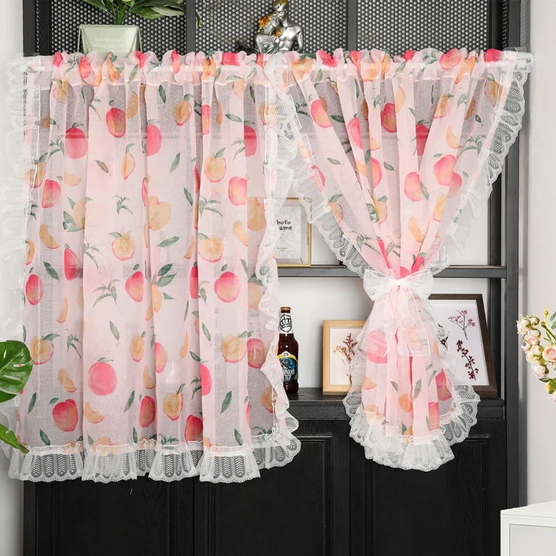 

Korean Short Curtan for Kitchen Small Window Pink Peach Print Tulle Coffee Half Curtains Cabinet Obscuration