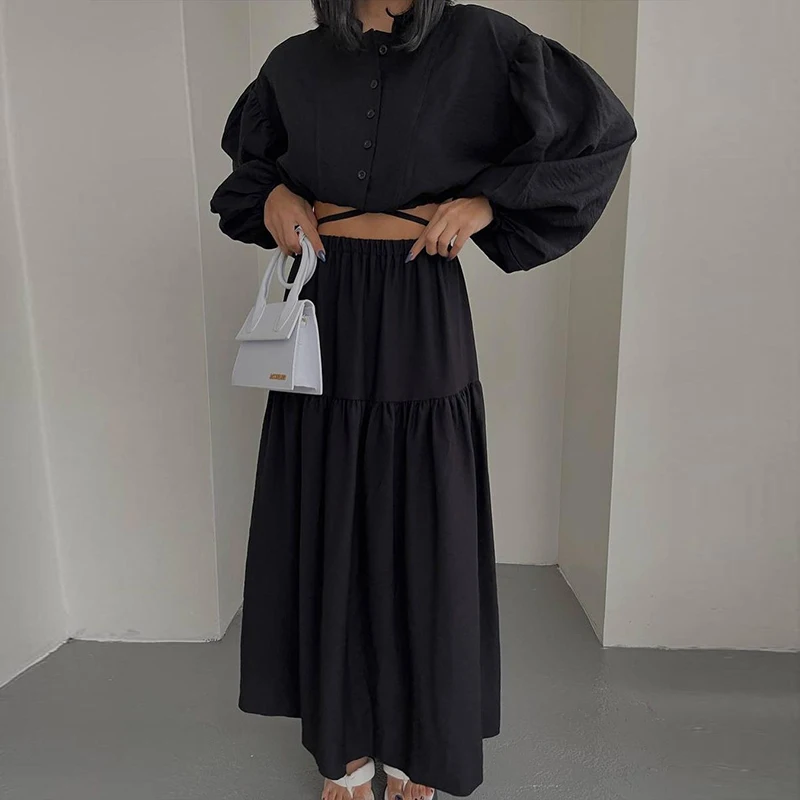 

Fall Loose Party Suits Casual Standing Collar Button Long Sleeved Top and Skirt Set for Women Sexy Bandage Hollow Crop Outfits