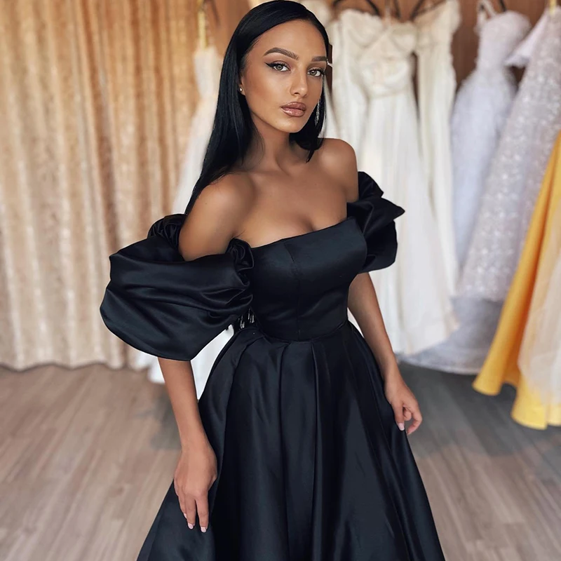 Thinyfull Black A-Line Prom Evening Dresses Off The Shoulder Party Dress Floor Length Saudi Arabia Cocktail Gowns Plus Size