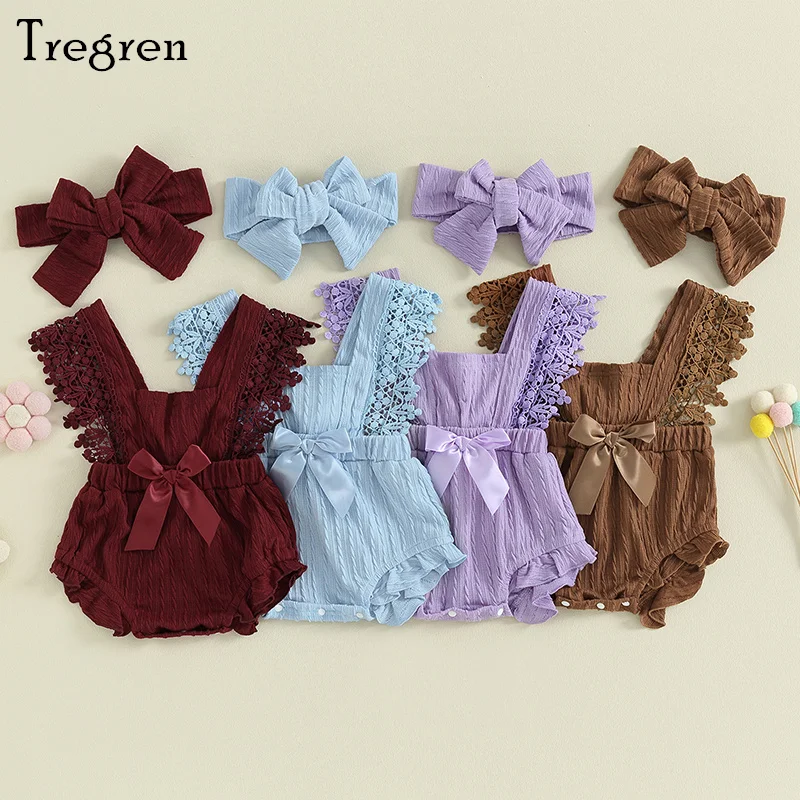 

Tregren Cute Newborn Baby Girl Lace Romper Lace Sleeveless Ruffle Trim Bow Decorated Jumpsuit with Headband 2pcs Clothes Sets