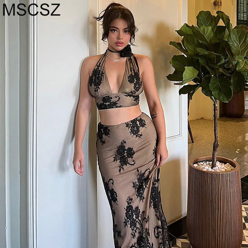 

Black Lace Two Piece Set Women Outfit 2023 Summer Midi Skirt Sets Sexy Night Club Festival Outfit Women New In Matching Set