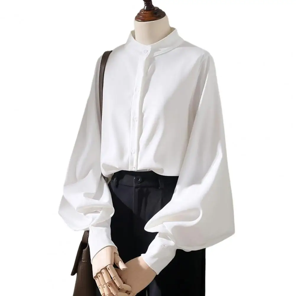 

Breathable Long-sleeve Shirt Elegant Women's Stand Collar Cardigan Blouse with Lantern Sleeves for Formal Business Style Commute