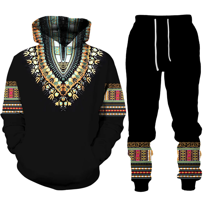 

African Dashiki Ethnic Style 3D Print Tracksuit Set Casual Hoodie + Pants 2pcs Sets Men/Women Folk-Custom Pullover Streetwear