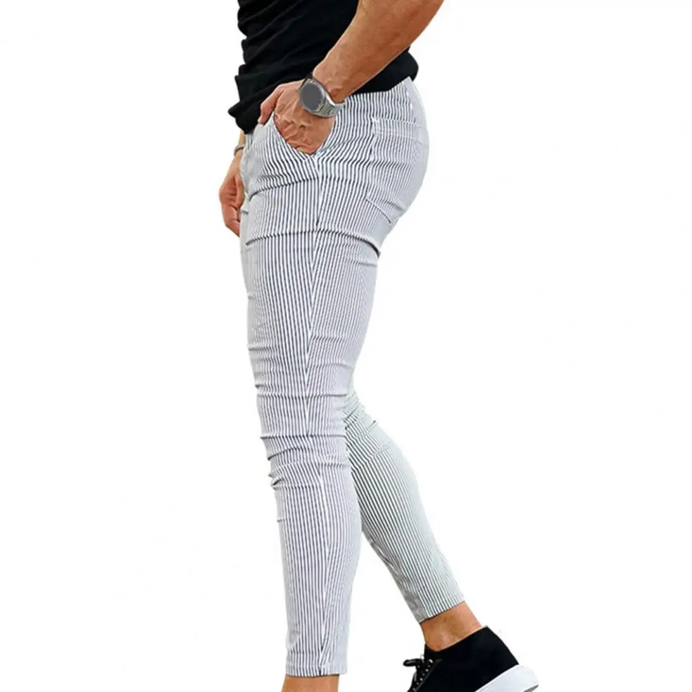 

Men Business Pants Striped Print Men's Pencil Pants Slim Fit Adjustable Waist Breathable Fabric for Business Dating Office Wear